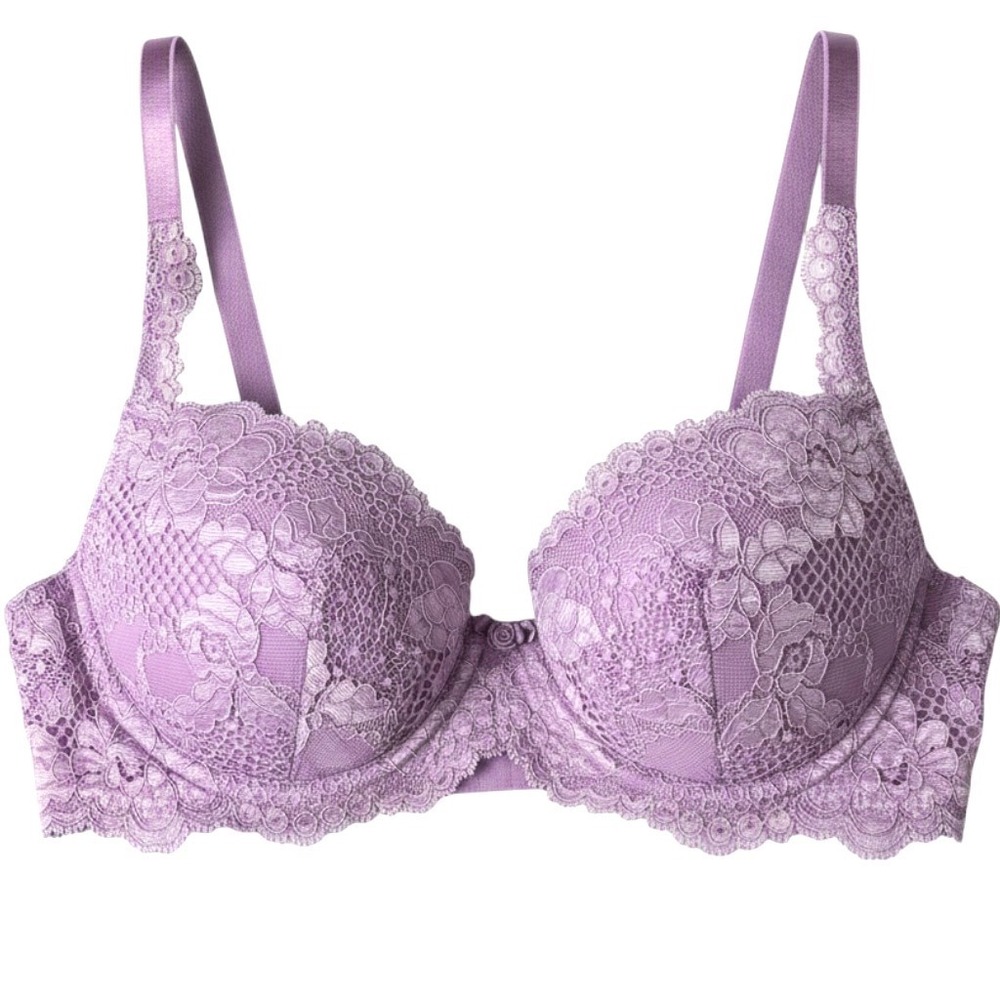 Vintage‎ Victoria Secret Lavender Satin Scalloped Lace Push Up Bra 32B Rosette